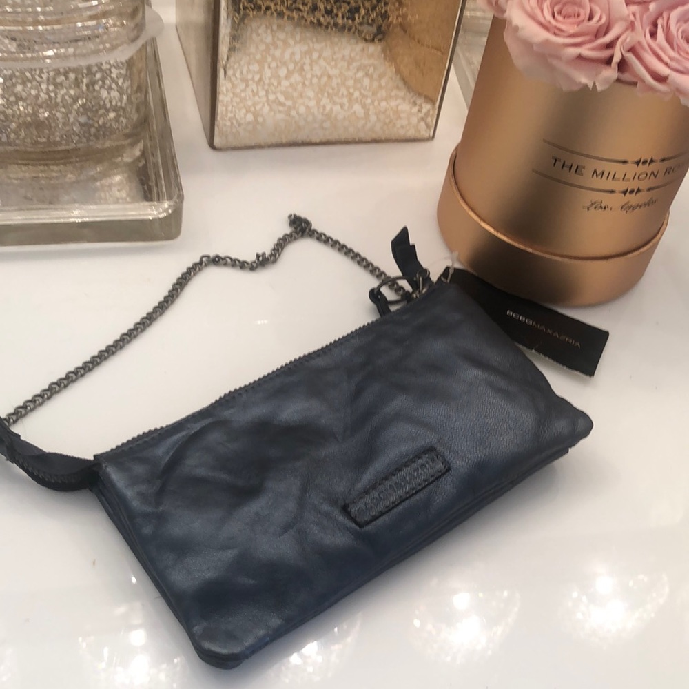 Bcbg Maxazria Micro Mini Pochette Wristlet Metallic Blue Leather New